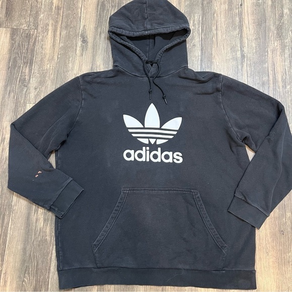 Adidas Logo Black Hoodie Drawstring Sweatshirt Size L - Picture 7 of 8